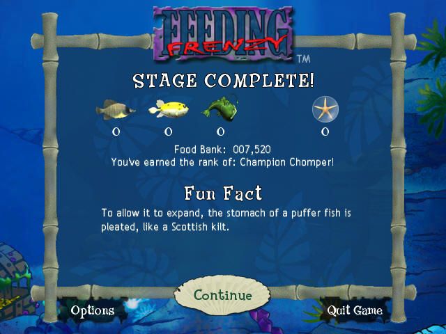 Feeding Frenzy (Windows) screenshot: "Fun Fact" at the end of every level, the educational side of the game.