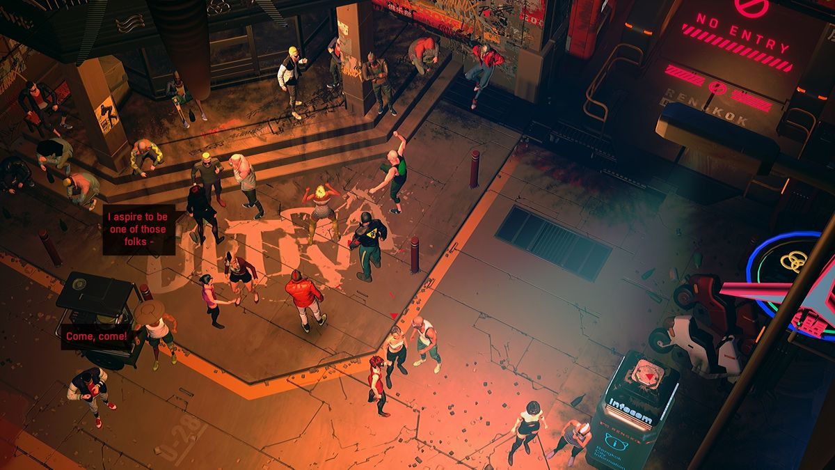 Ruiner (Windows) screenshot: A crowded location