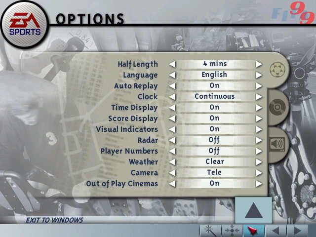 FIFA 99 (Windows) screenshot: The options screen