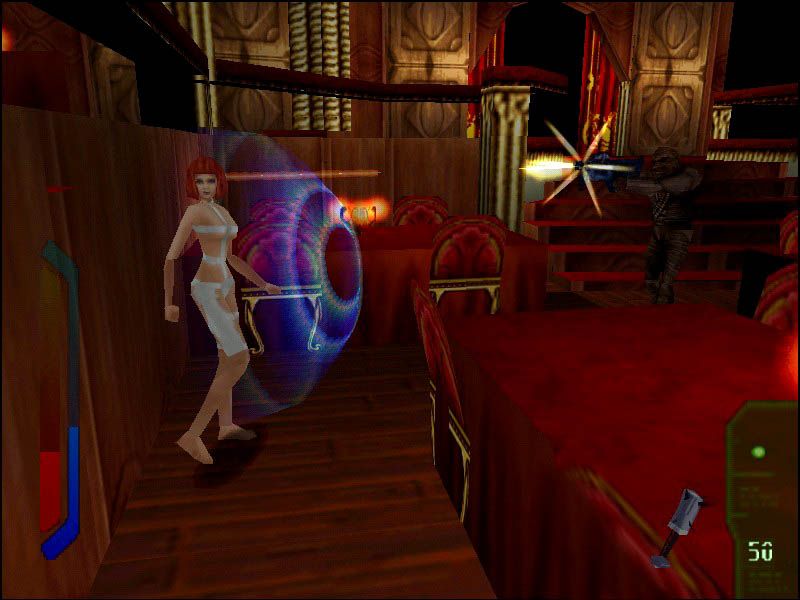 The Fifth Element (Windows) screenshot: The blue shield protects Leeloo from shots - for some time.