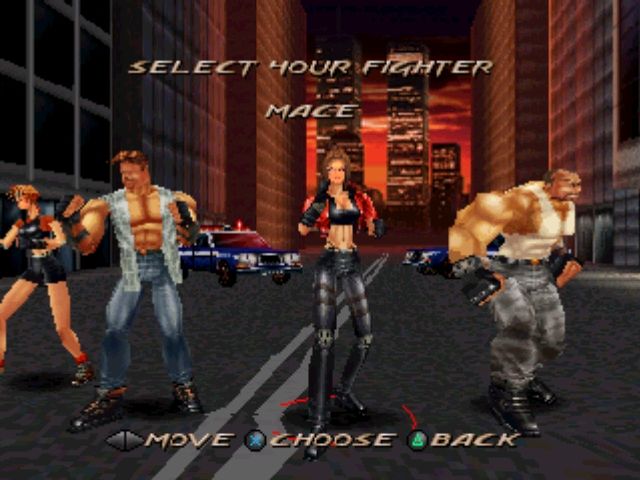 Fighting Force (PlayStation) screenshot: With names like Hawk, Mace, and Smasher, it's hard to decide who's deadliest....