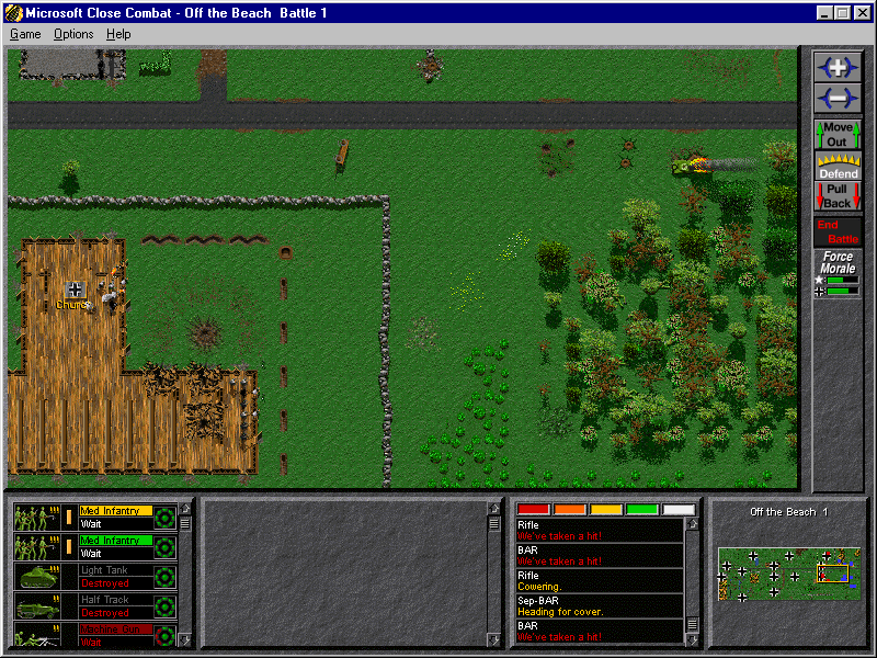 Close Combat (Windows) screenshot: Pitched battle between church and forest