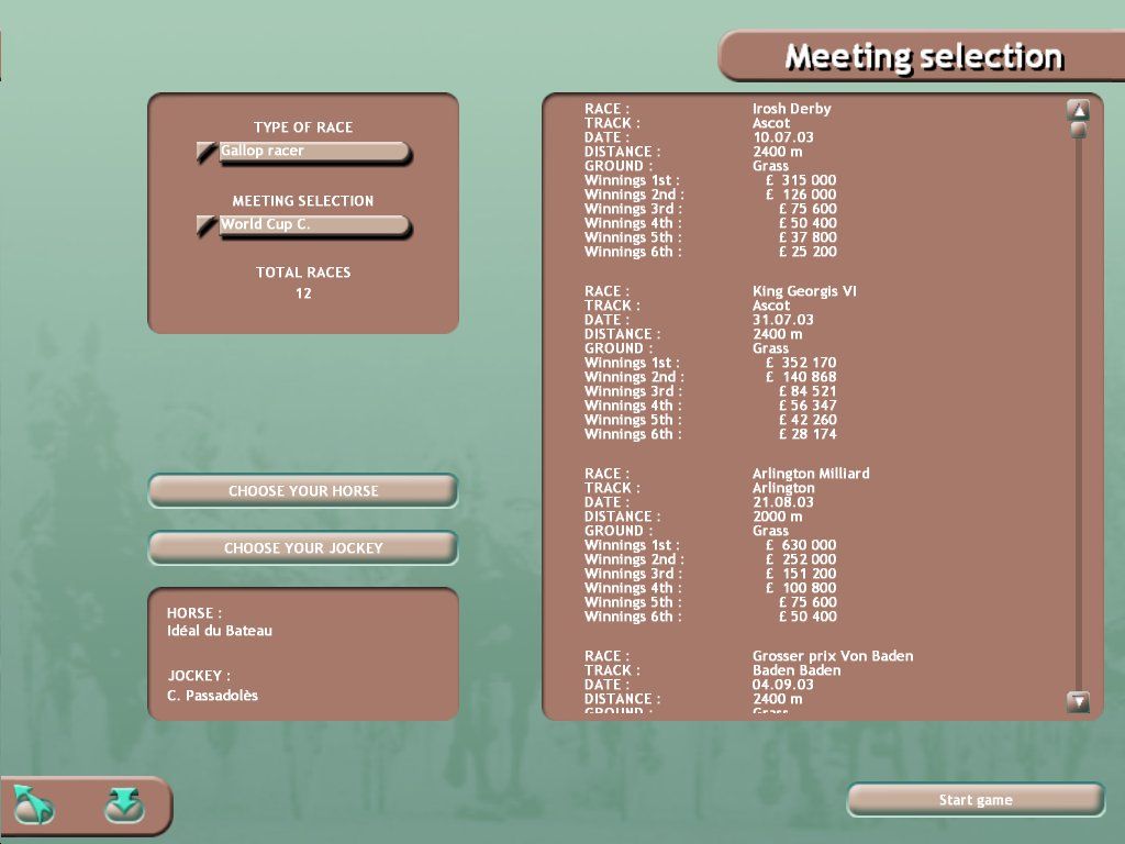 Final Stretch: Horse Racing Sim (Windows) screenshot: Meeting Selection Screen.