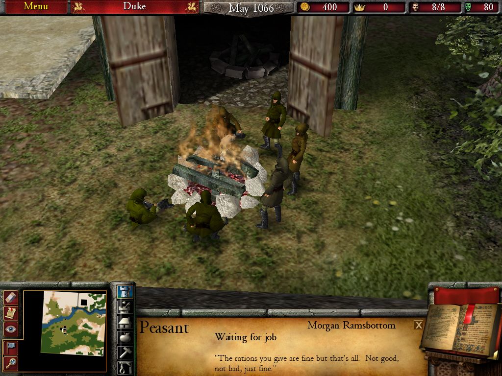 FireFly Studios' Stronghold 2 (Windows) screenshot: Peasants patiently stand outside the Keep, waiting for job openings.