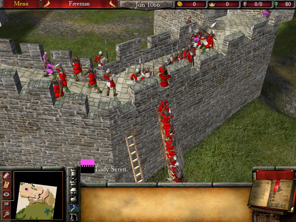 FireFly Studios' Stronghold 2 (Windows) screenshot: Ladders meld into walls and soldiers into one another...