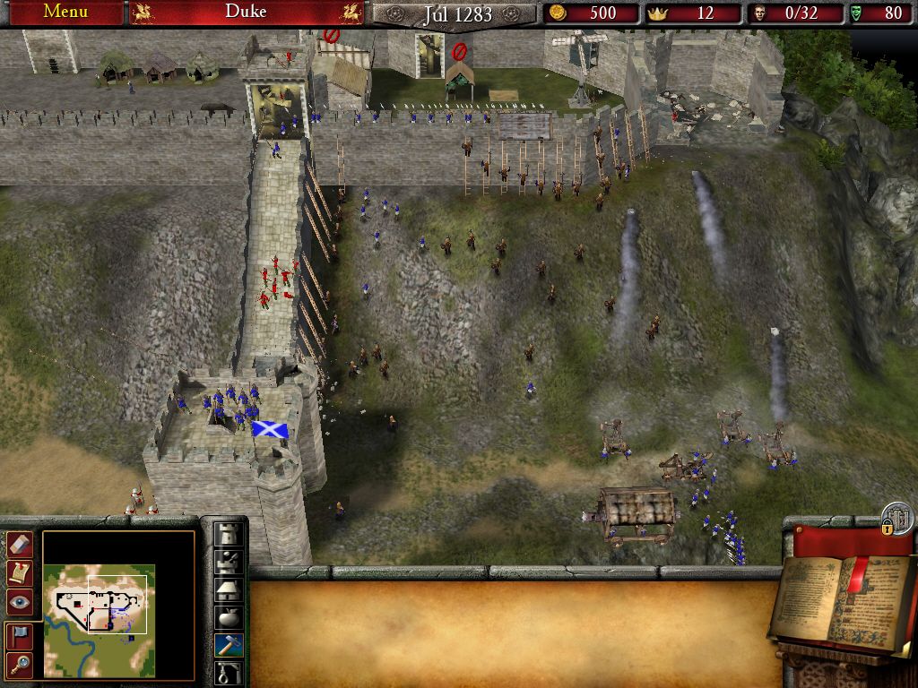 FireFly Studios' Stronghold 2 (Windows) screenshot: Defending a historic castle against the AI.