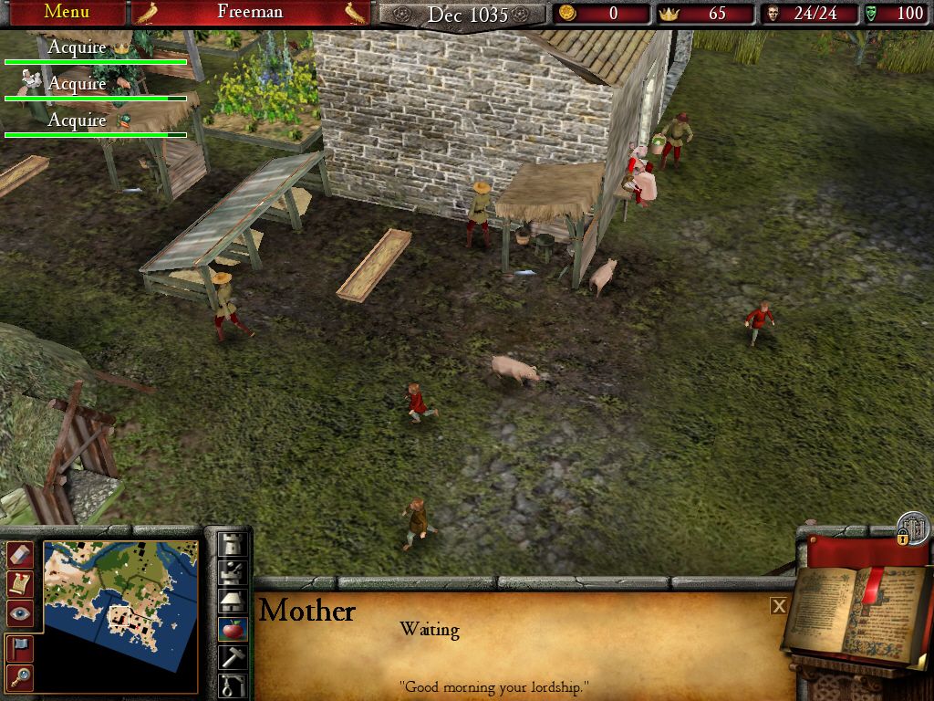 FireFly Studios' Stronghold 2 (Windows) screenshot: Pigs cannot be fed to peasants, but are served on feasts for guests.