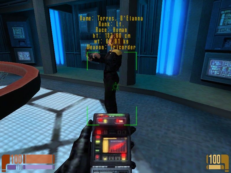 Star Trek: Voyager - Elite Force Expansion Pack (Windows) screenshot: Time to take my tricorder in for repairs, it's telling me Torres is human.