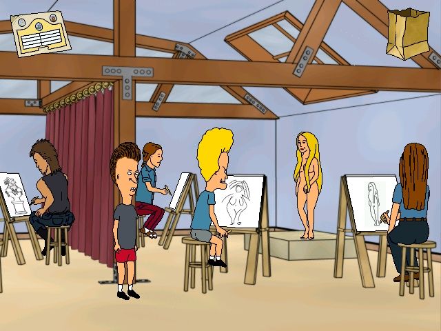 MTV's Beavis and Butt-Head: Do U. (Windows) screenshot: "Yeah! Yeah! Art class rules! You like learn stuff about naked college sluts!"