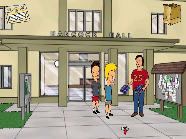 MTV's Beavis and Butt-Head: Do U. (Windows) screenshot: "This place sucks. How do we get out of here?" "Beavis, you dumbass. That red arrow says exit."