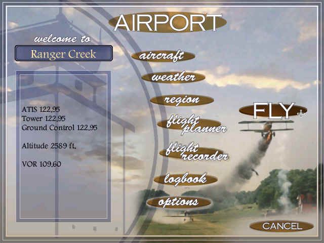 Flight Unlimited III (Windows) screenshot: Airport... Select your aircraft, generate the weather or access your logbook!