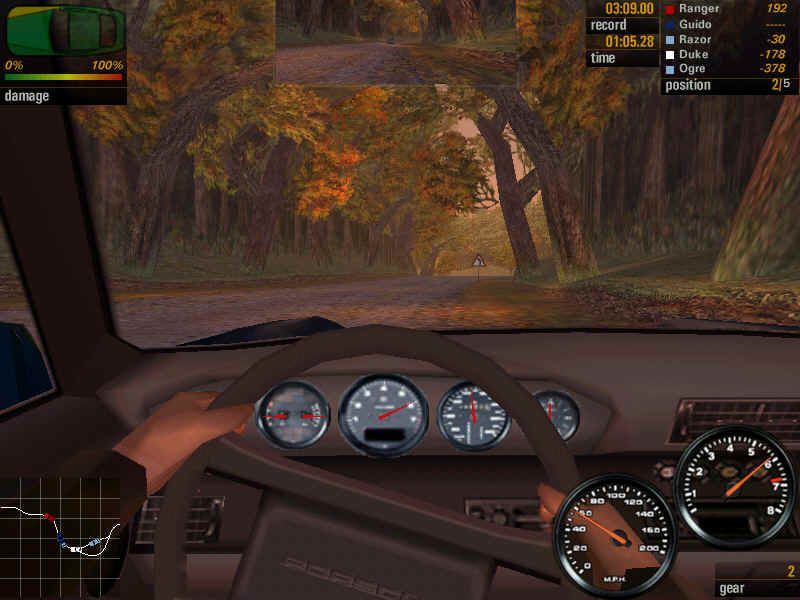 Need for Speed: Porsche Unleashed (Windows) screenshot: Interior, in the woods