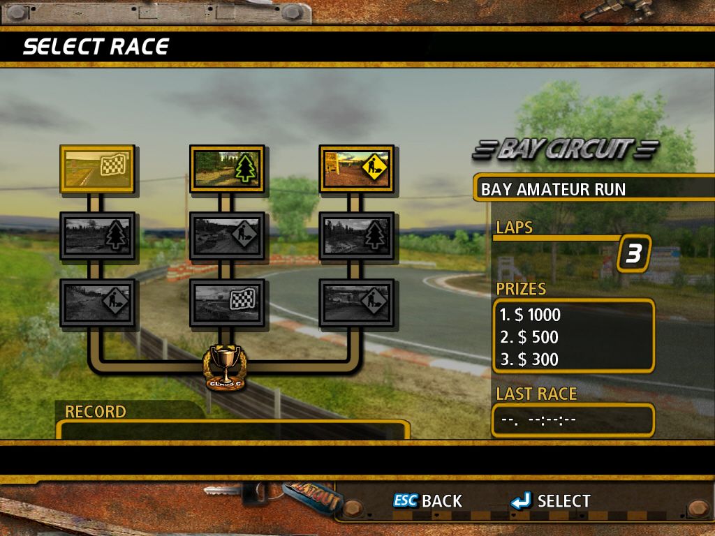 FlatOut (Windows) screenshot: This is the Bronze league of races. Earn places 1-3 to advance.