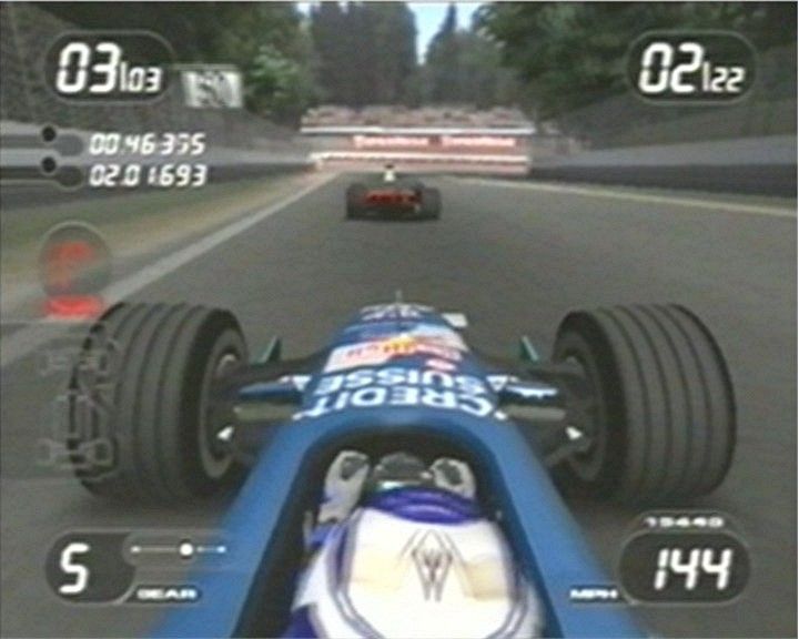 Formula One 2001 (PlayStation 2) screenshot: "Raikkonen is tucked in the slipstream of Michael!"