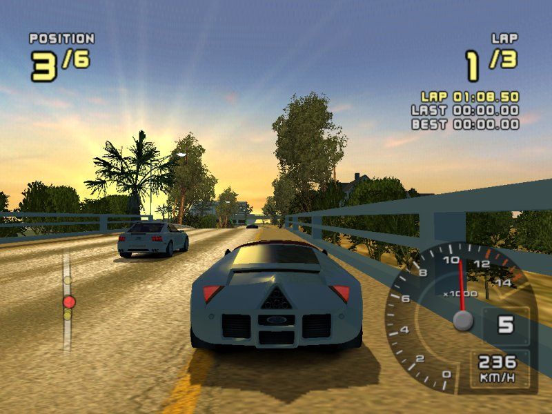 Ford Racing 2 (Windows) screenshot: The road is pixel shaded for effect.