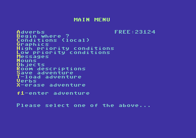 The Graphic Adventure Creator (Commodore 64) screenshot: Main menu