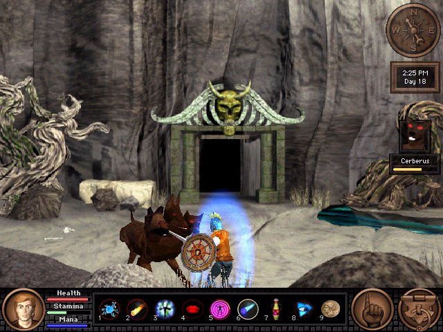 Quest for Glory V: Dragon Fire (Windows) screenshot: In the Rite of Courage, the hero takes on the three-headed hound Cerberus, guardian of the gate to Hades