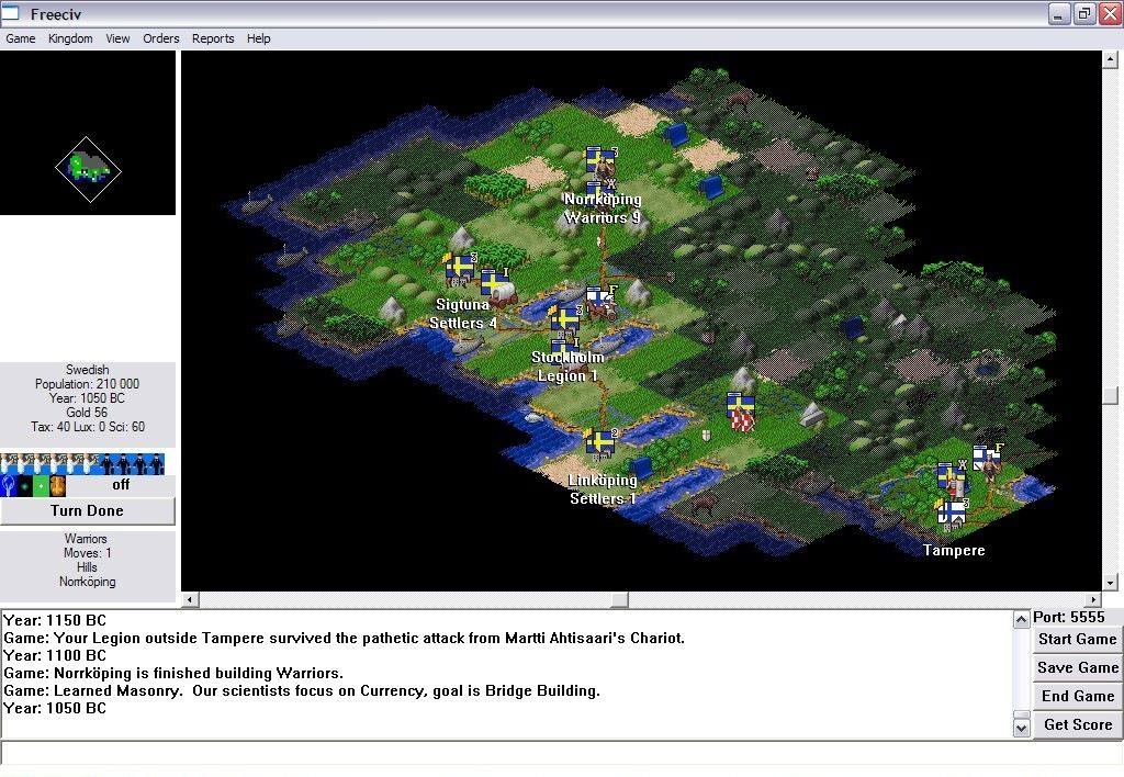 Freeciv (Windows) screenshot: FreeCiv 1.14.x ... In the beginning of the game ... my swedish army has already begun to wage war against the finnish