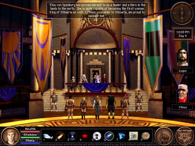 Quest for Glory V: Dragon Fire (Windows) screenshot: The five heroes prepare to compete in the Rites of Rulership for the title of King of Silmaria