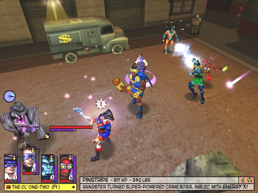 Freedom Force (Windows) screenshot: Freedom Force faces a tough double boss battle against super-powered gangster Pinstripe and futuristic terminator robot Microwave. Pinstripe's immunity to physical attacks makes him an especially chal