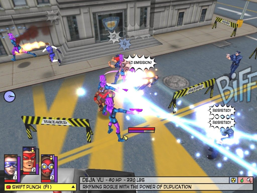 Freedom Force (Windows) screenshot: Deja Vu has the ability to clone himself multiple times, plus an annoying radiation pistol. Fortunately, the Patriot City cops provide some amount of assistance in your first battle against him.