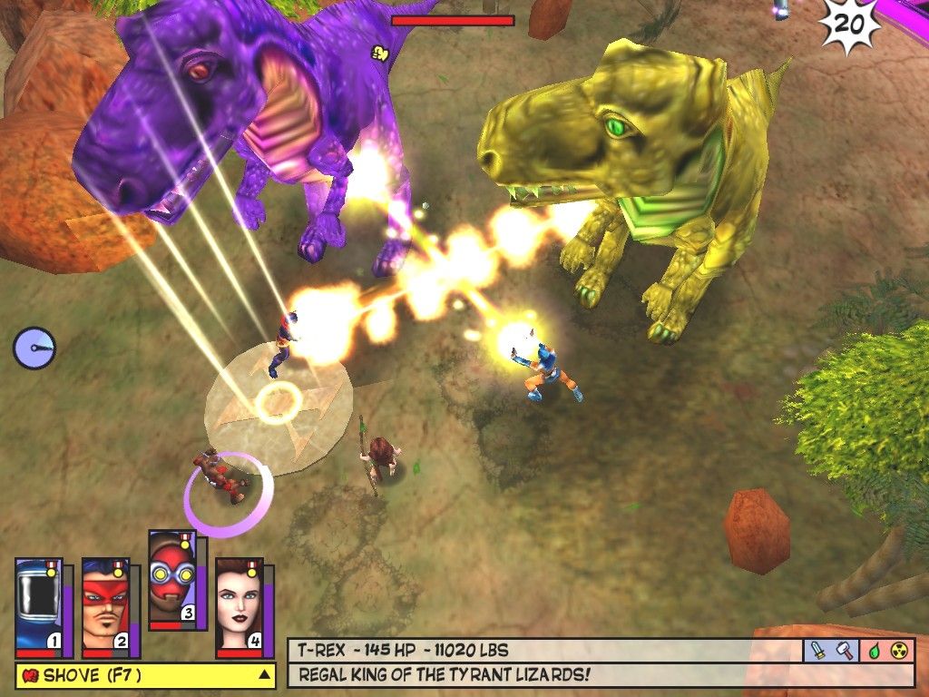 Freedom Force (Windows) screenshot: The only thing worse than a humongous hero-eatting tyrannosaurus is TWO humongous, hero-eatting tyrannosauruses.