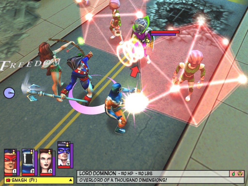 Freedom Force (Windows) screenshot: Freedom Force faces off against Lord Dominion's elite guard. After all the build-up the game's given him, Lord Dominion turns out to be disappointly something of a wuss.
