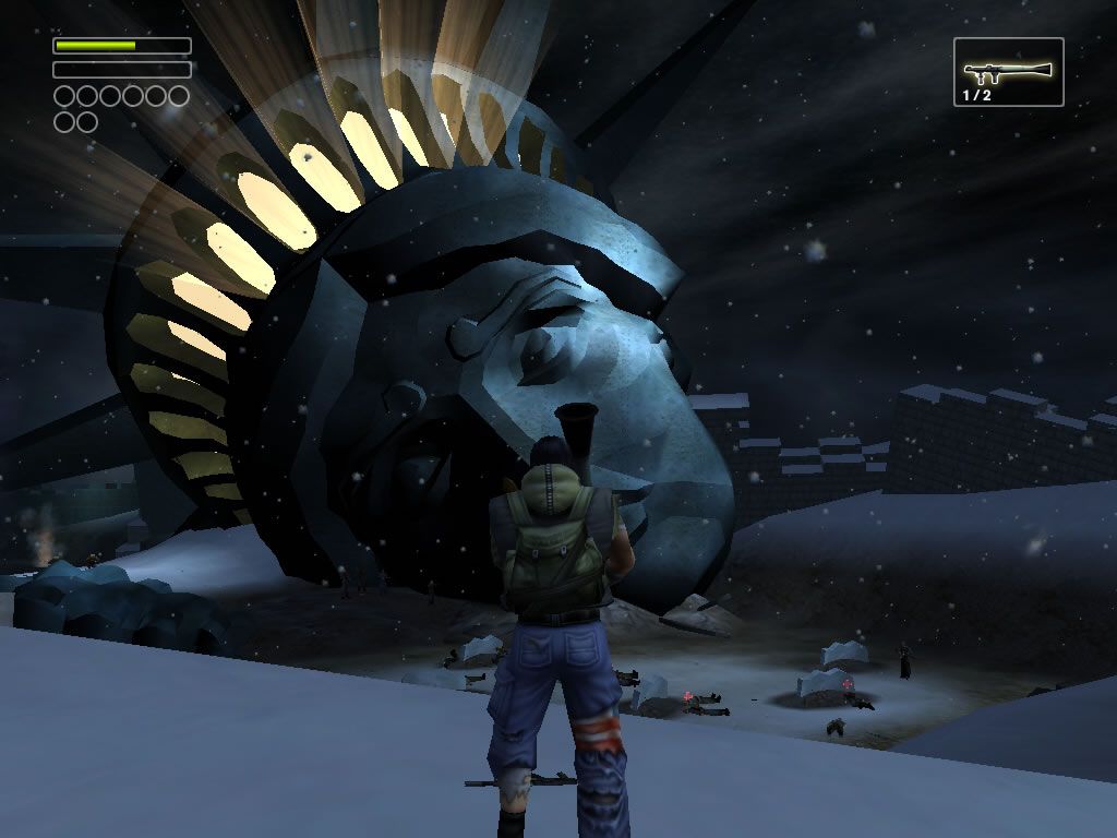 Freedom Fighters (Windows) screenshot: One of the graphically most impressive missions allows you to fight on the remains of the fallen Liberty Statue