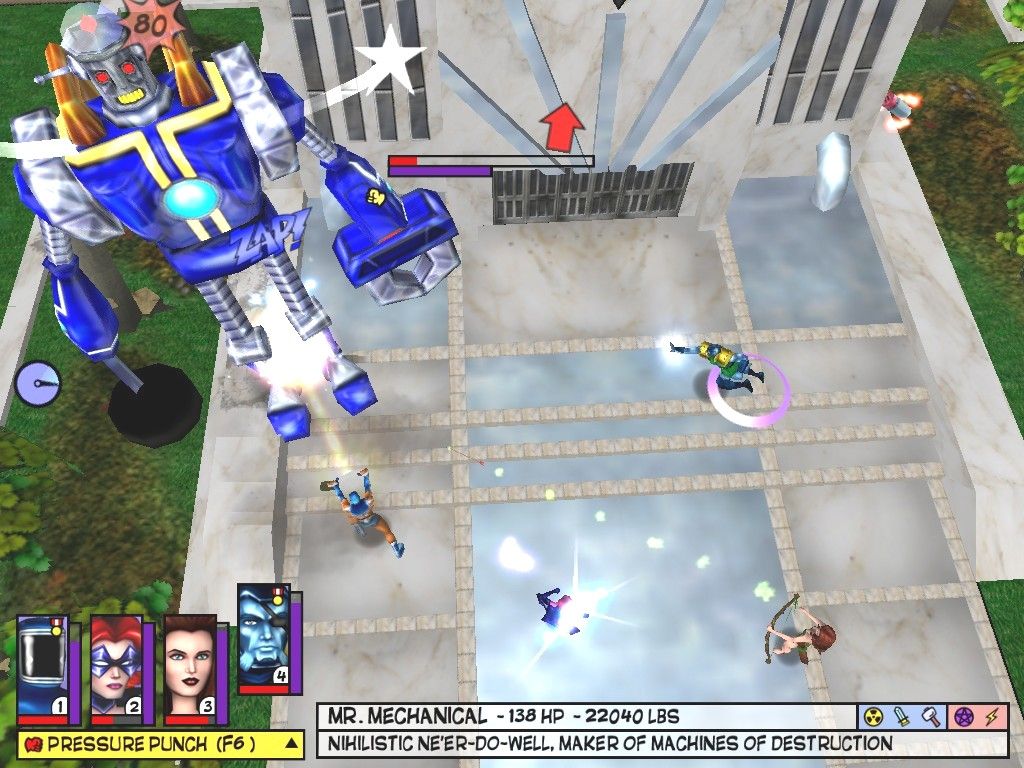 Freedom Force (Windows) screenshot: Alright, whose the wiseguy who ordered the humongous city-stomping giant robot?