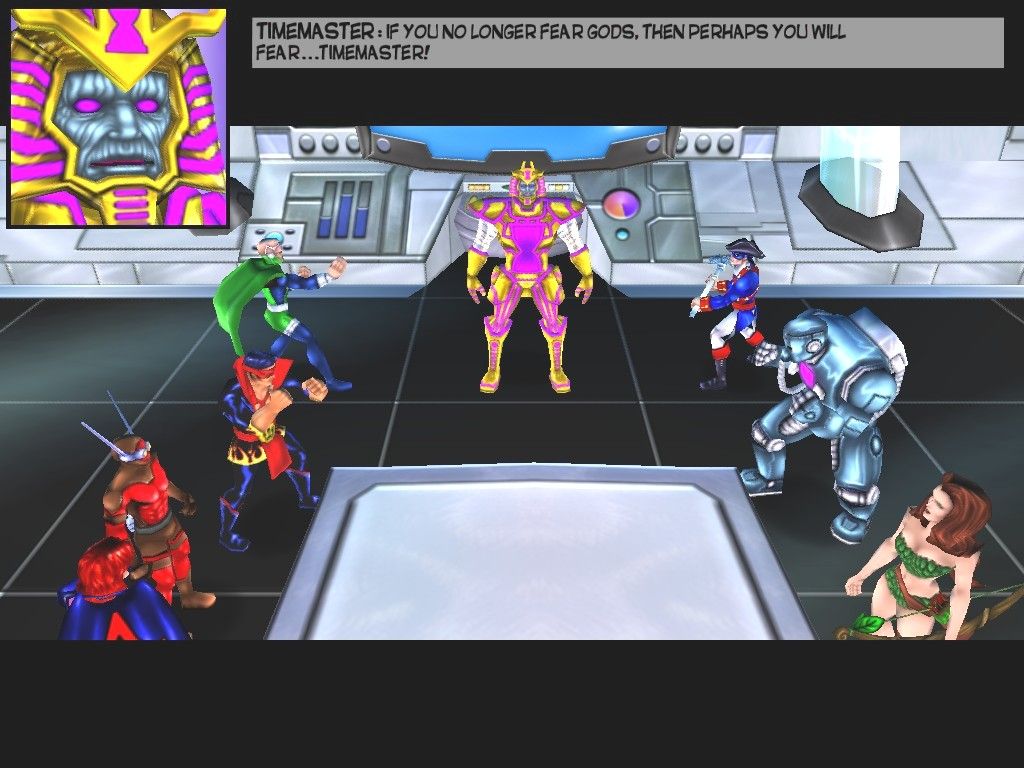 Freedom Force (Windows) screenshot: Between each comic-book 'Issue' is an intermission cutscene that furthers the plot. Here, Timemaster materializes inside Freedom Fortress and challenges the entire Freedom Force to battle.