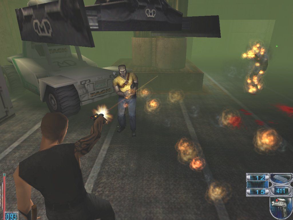 From Dusk Till Dawn (Windows) screenshot: Helping Hank (the guy on fire) take on flamethrower-wielding Chief Tidus Bell, who likes his manflesh nicely toasted.