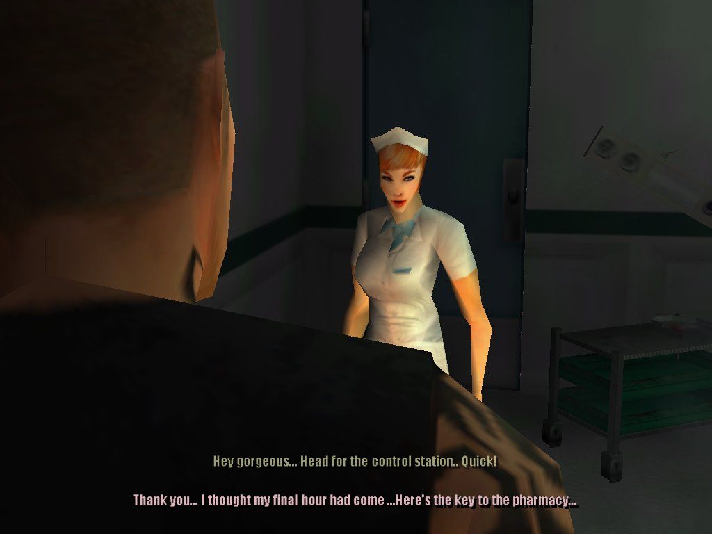 From Dusk Till Dawn (Windows) screenshot: Hello, nurse! Seth rescues a pretty young thing from certain doom