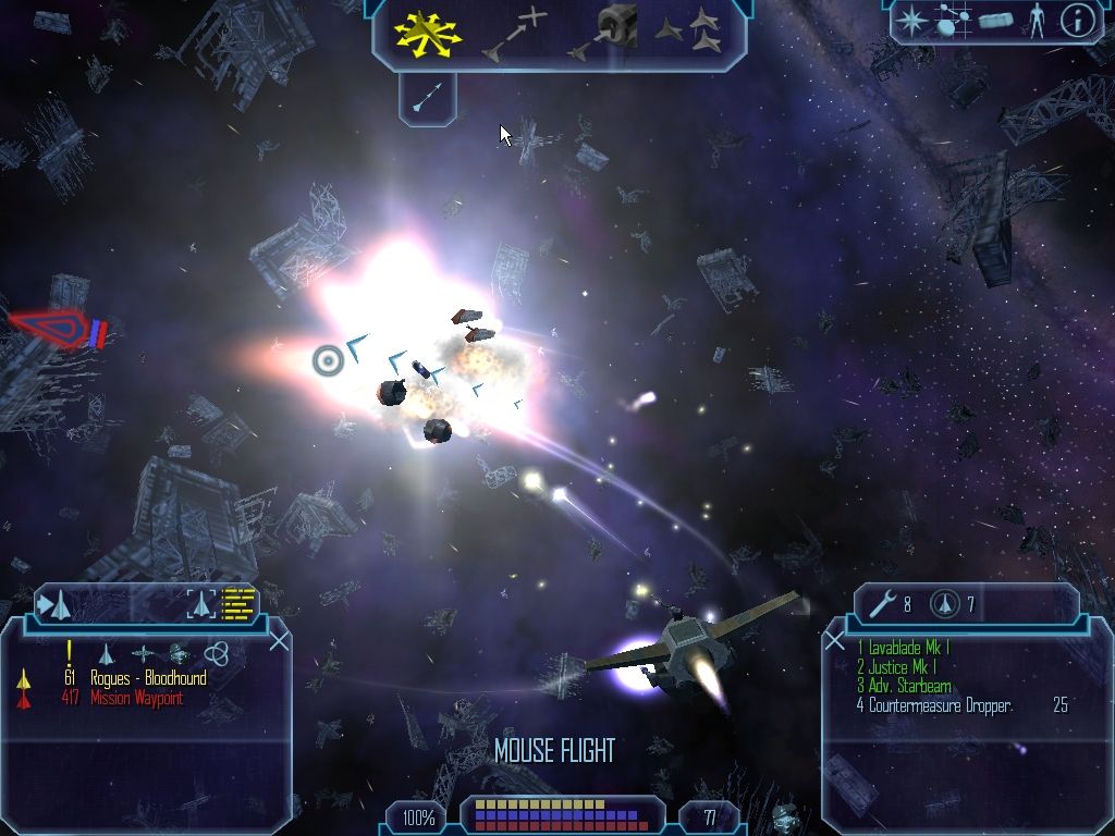 Freelancer (Windows) screenshot: Explosive Visuals 2: Killing spree in a field of debris.