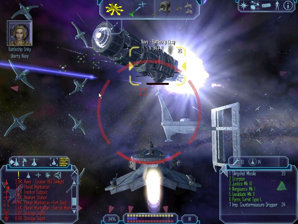 Freelancer (Windows) screenshot: Explosive Visuals 3: Death of a battleship.