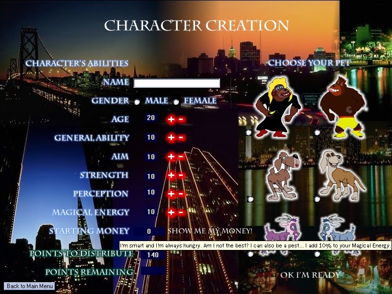 Full Moon in San Francisco (Windows) screenshot: Character Generation Screen