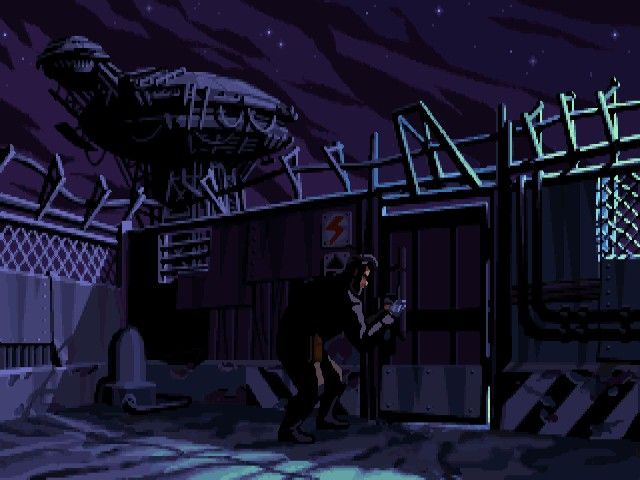 Full Throttle (Windows) screenshot: Picking a lock in order to reach the fuel tower and steal some gas for his bike