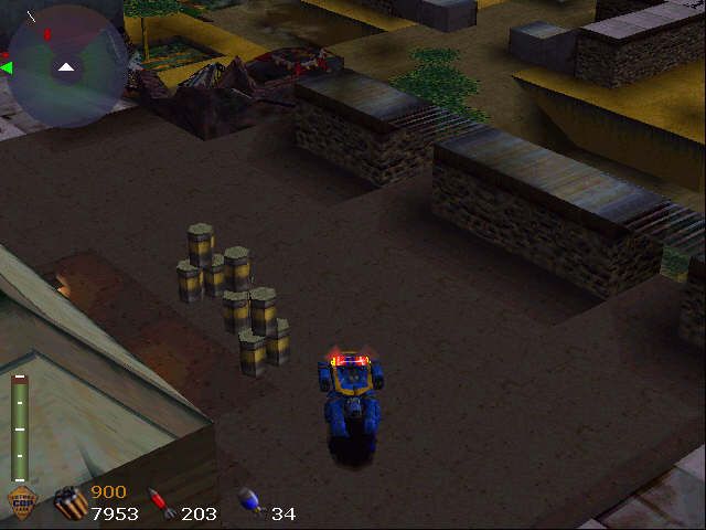 Future Cop: L.A.P.D. (PlayStation) screenshot: why do they stack barrels like this?