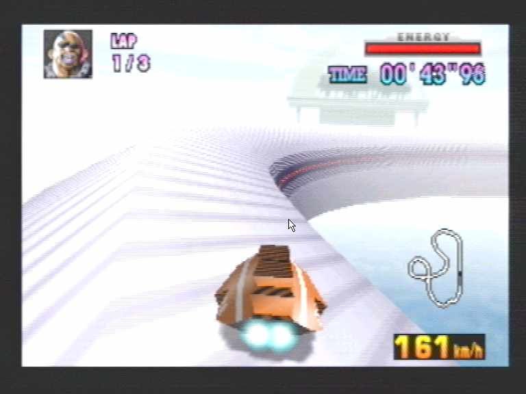 F-Zero X (Nintendo 64) screenshot: One of the unique pipe levels where you can steer right underneath.