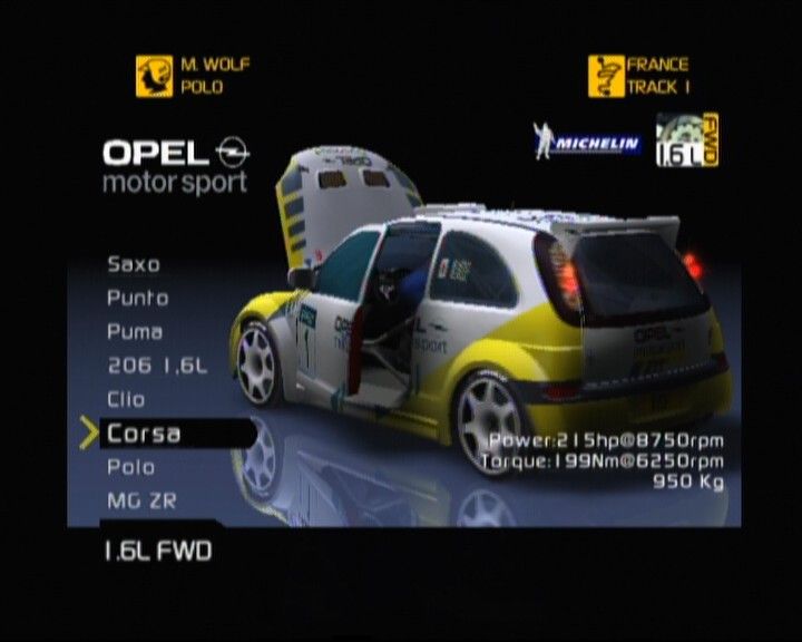 V-Rally 3 (Xbox) screenshot: Opel Corsa, note how you can open doors and hood with analog stick