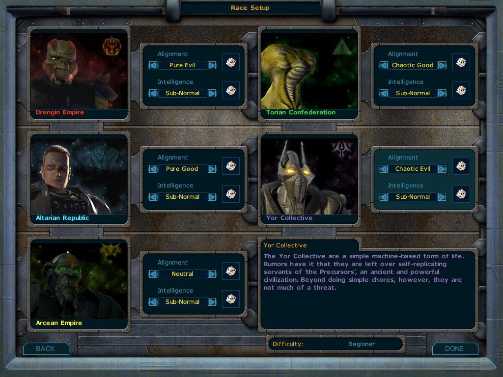 Galactic Civilizations (Windows) screenshot: Race setup screen.