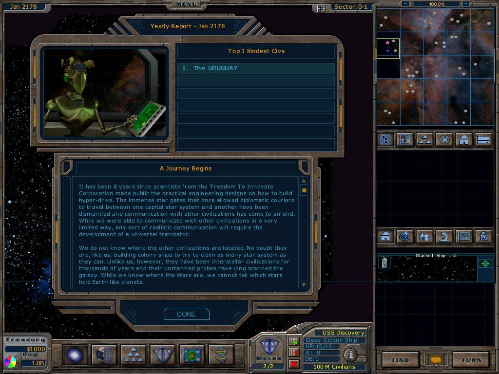 Galactic Civilizations (Windows) screenshot: First Yearly Report.