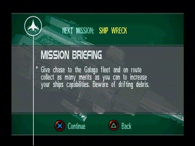 Galaga: Destination Earth (PlayStation) screenshot: Mission Briefing