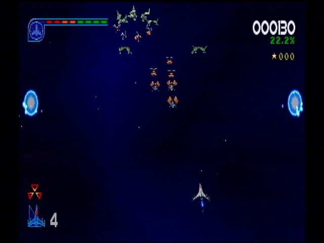 Galaga: Destination Earth (PlayStation) screenshot: Overhead attack pattern