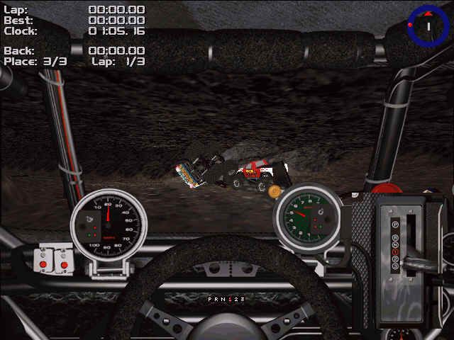 Monster Truck Madness 2 (Windows) screenshot: Watching a tough competition from your cockpit at night