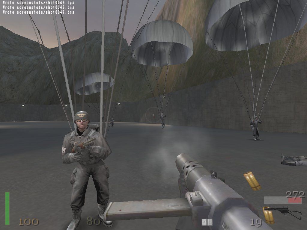 Return to Castle Wolfenstein: Game of the Year (Windows) screenshot: Fighting the Nazi paratroopers at the end of the second mission