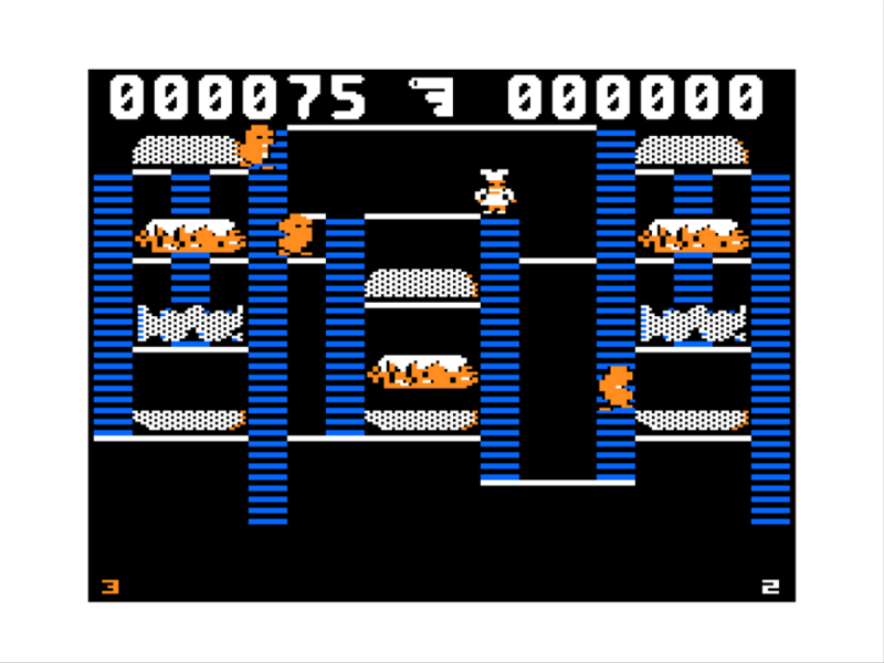 Lunchtime (TRS-80 CoCo) screenshot: Evading Sausages