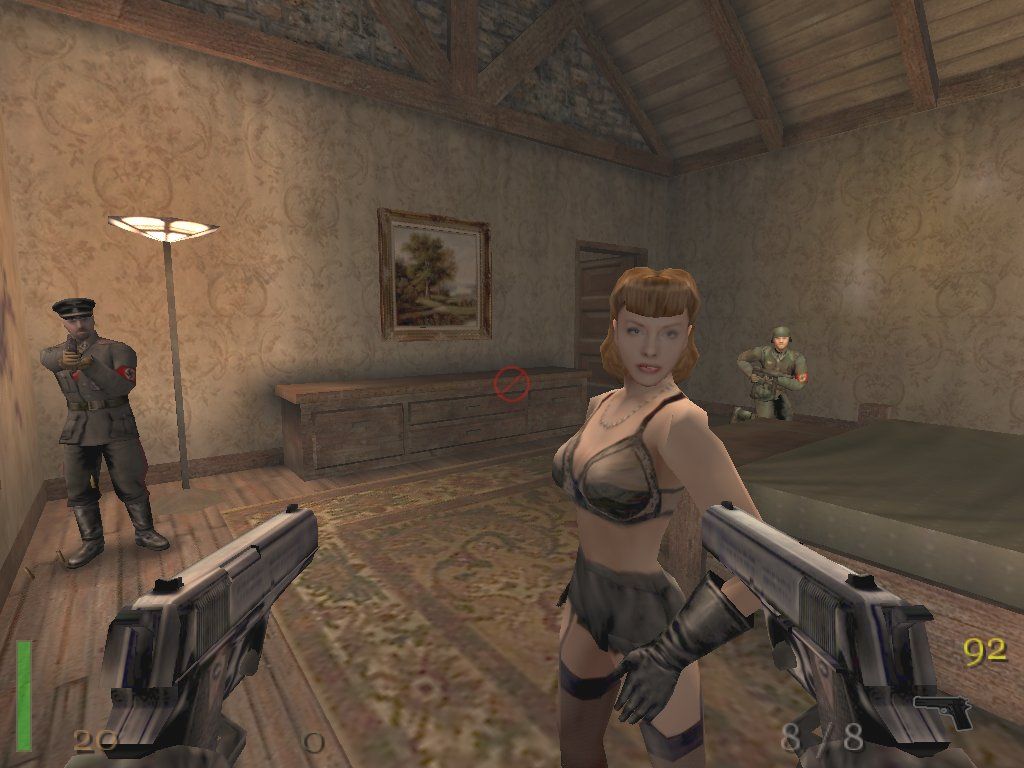 Return to Castle Wolfenstein: Game of the Year (Windows) screenshot: The Major attempts to defend his wife's honor, but unfortunately for him you're about to make her a widow