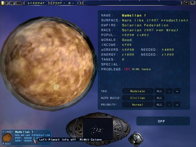 Imperium Galactica II: Alliances (Windows) screenshot: Here is a detailed information on one of the planets.