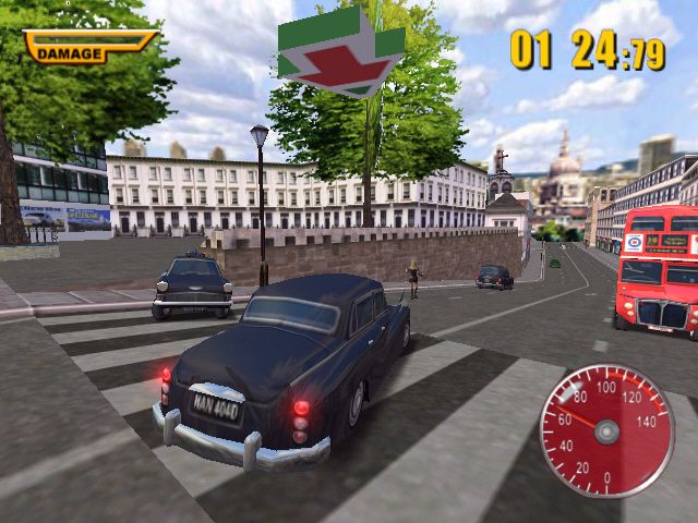 The Italian Job (Windows) screenshot: Driving a stolen car attracts the cop's attention.