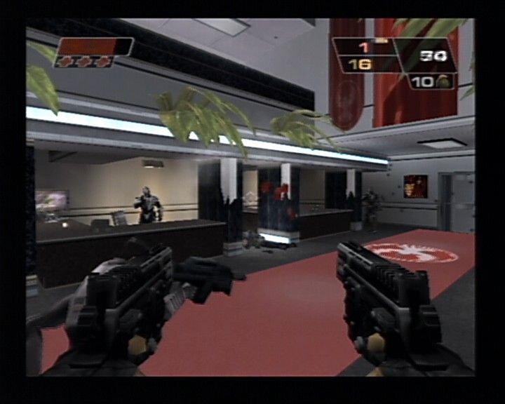Red Faction II (PlayStation 2) screenshot: Using dual handgun against Sopot's elite guards.